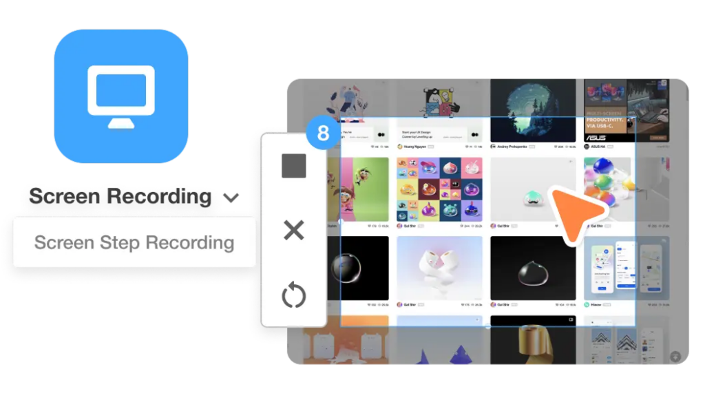 Illustration of an AI screen recording and editing workflow, with a video preview surrounded by icons for media, trimming, and editing tools.