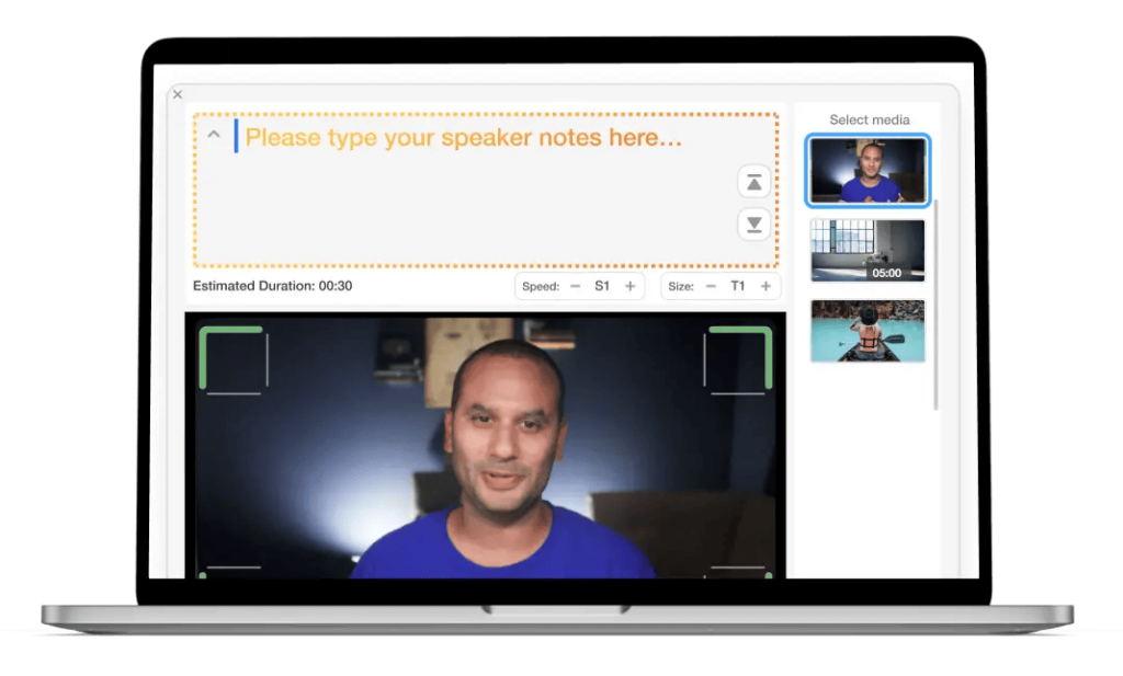 Laptop mockup displaying Visla’s recording interface with speaker notes at the top, a presenter on camera, and multiple camera source thumbnails for teleprompter and multi-camera video recording.