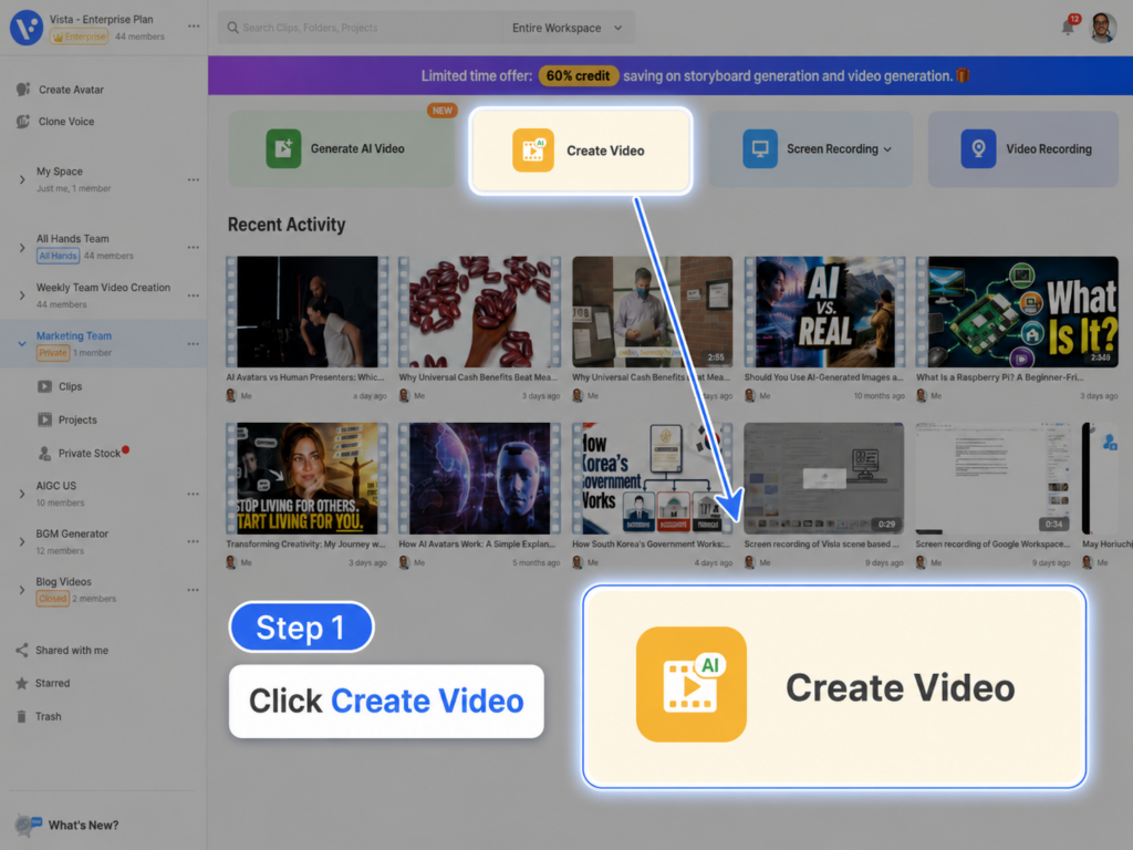 Visla app with the “Create Video” button highlighted and enlarged in a callout box, labeled Step 1: Click Create Video.