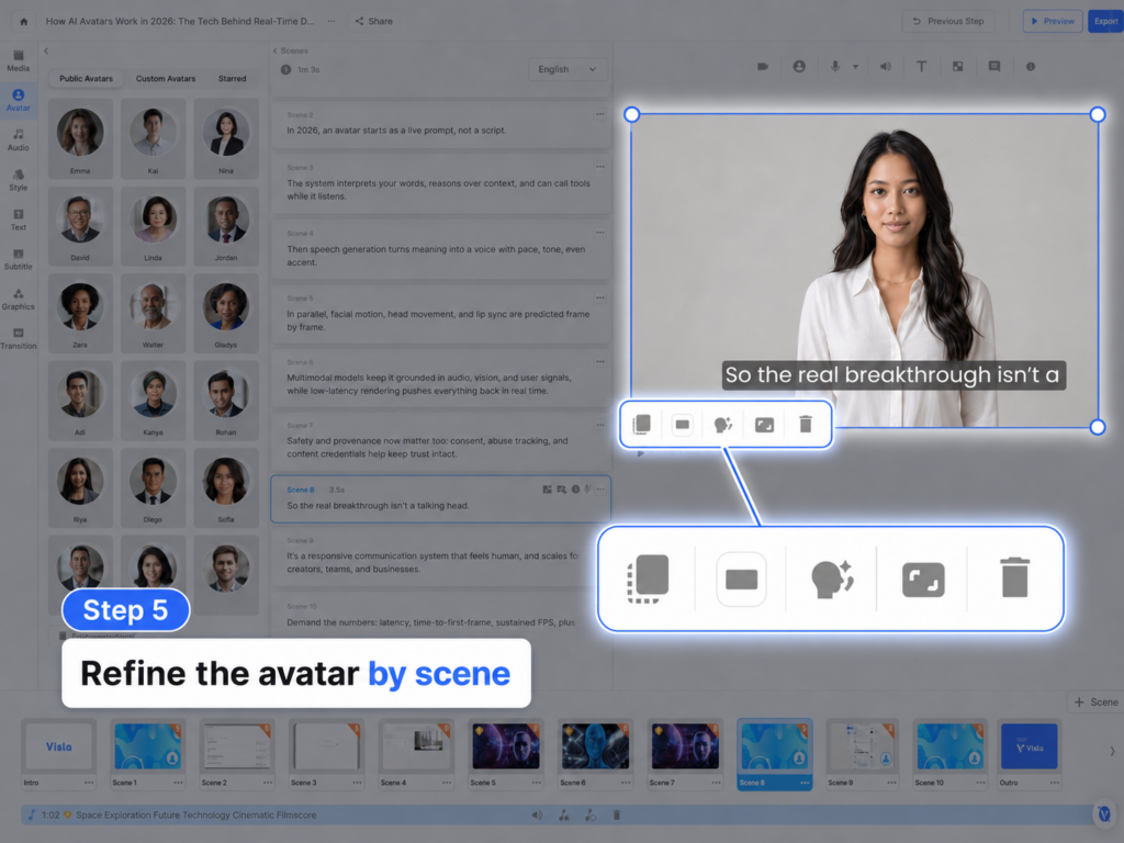 Visla Scene-Based Editor with an avatar scene selected and the floating avatar controls enlarged in a callout box, labeled Step 5: Refine the avatar by scene.