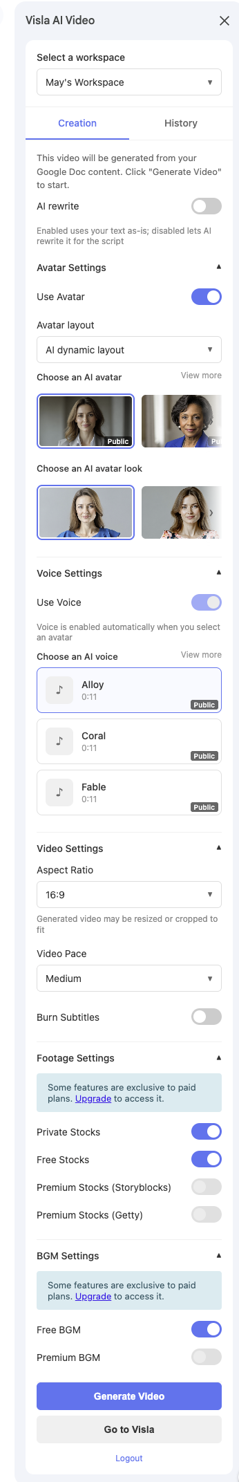 The Visla AI Video sidebar in Google Docs, showing workspace selection, avatar settings, voice settings, video settings, footage sources, background music options, and the Generate Video button.