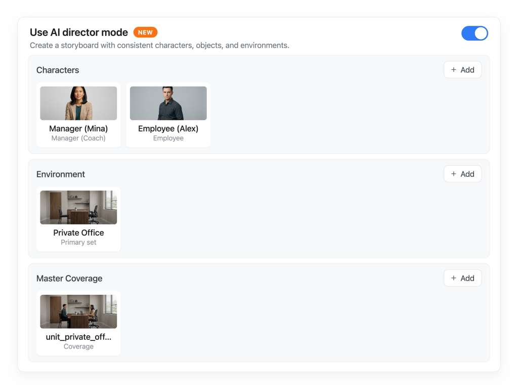 Screenshot of AI Director Mode, showing a toggle for consistent storyboard generation. Below it, a Characters section lists a manager and employee with headshot thumbnails, an Environment section shows a private office setting, and a Master Coverage section shows a wide shot of the two characters together in that office.