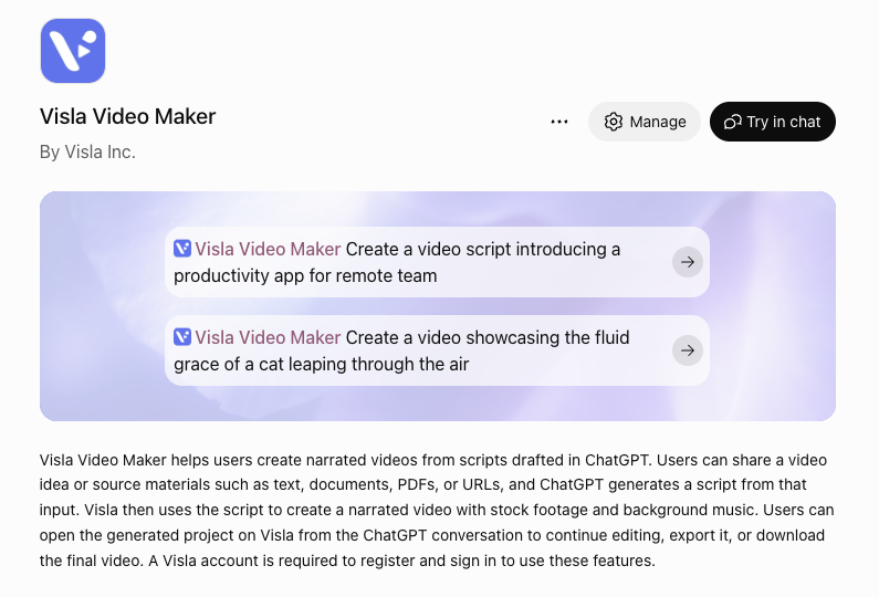 Visla Video Maker plugin page in ChatGPT showing the plugin name, Manage and Try in chat buttons, two example prompts, and a description of how the plugin turns scripts or source material into narrated videos.