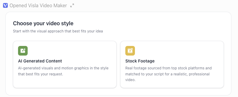 Visla Video Maker video-style step showing two choices: AI Generated Content and Stock Footage.