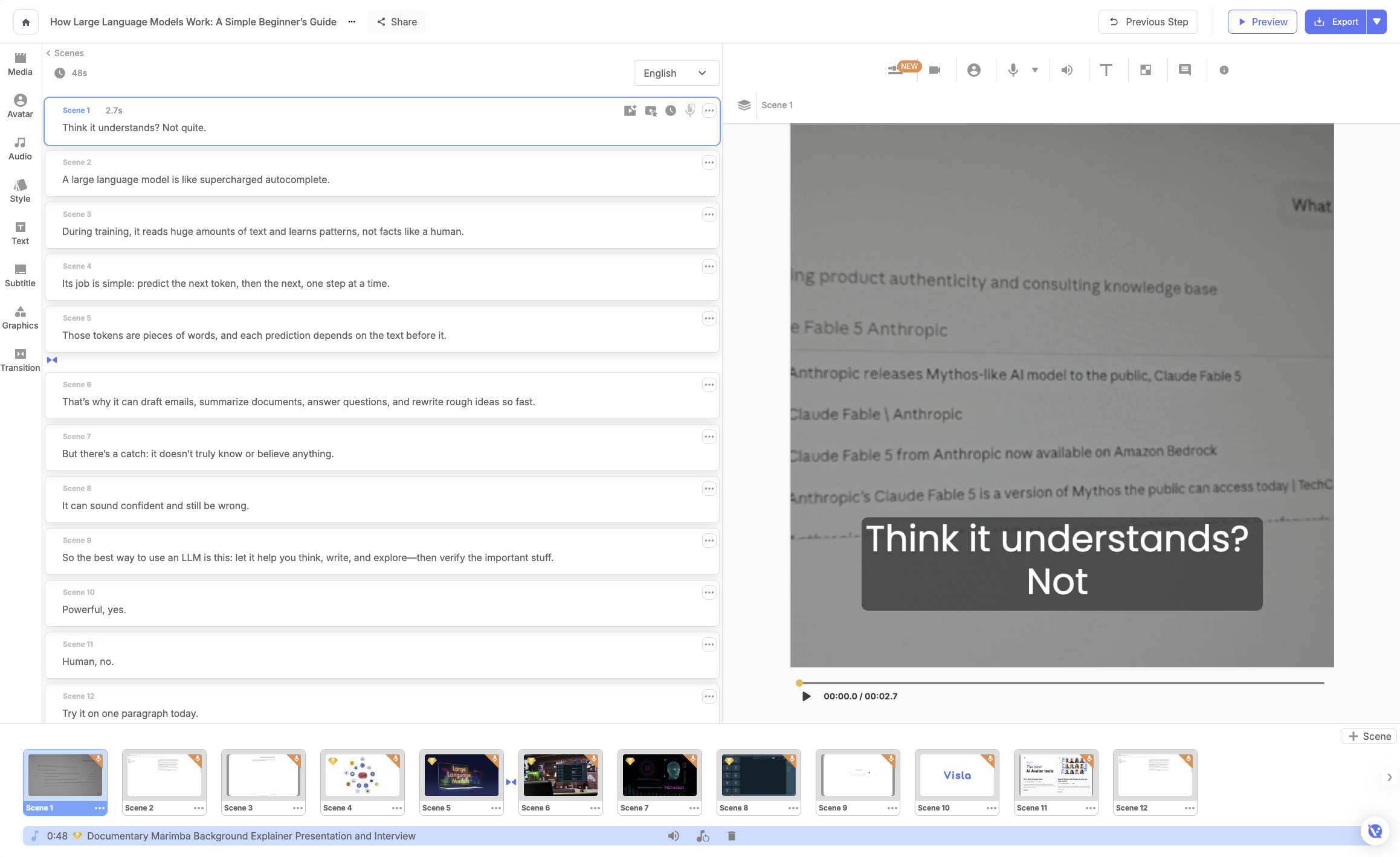 Visla Scene-Based Editor showing a generated video project with a list of scenes on the left and a preview of the selected scene on the right.